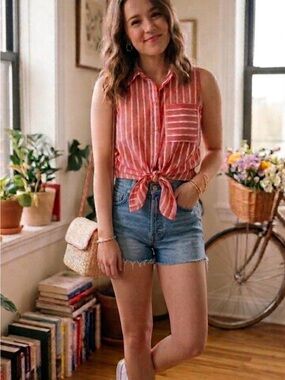 Draper James Red-Striped Sleeveless Tie-Front Button Down